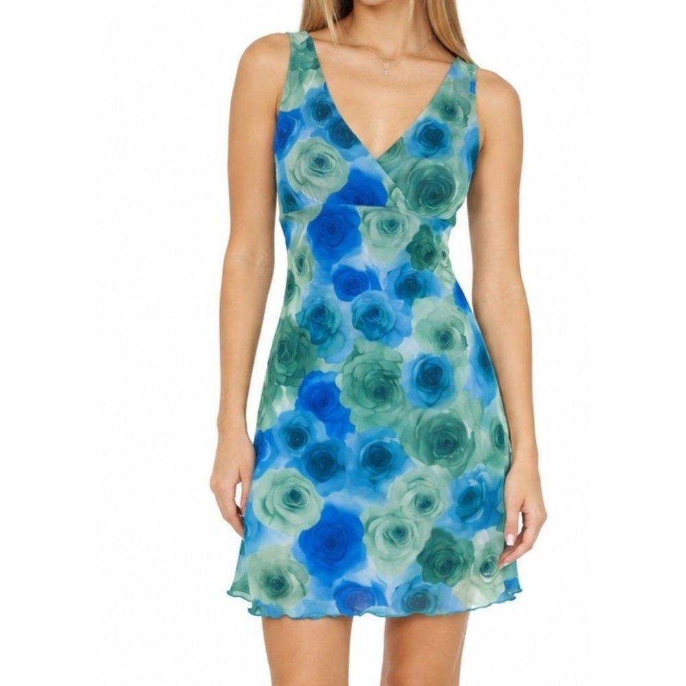Floral Mesh Faith Passion Sheath Dress V-Neck Lettuce Hem Medium Blue Green Y2K